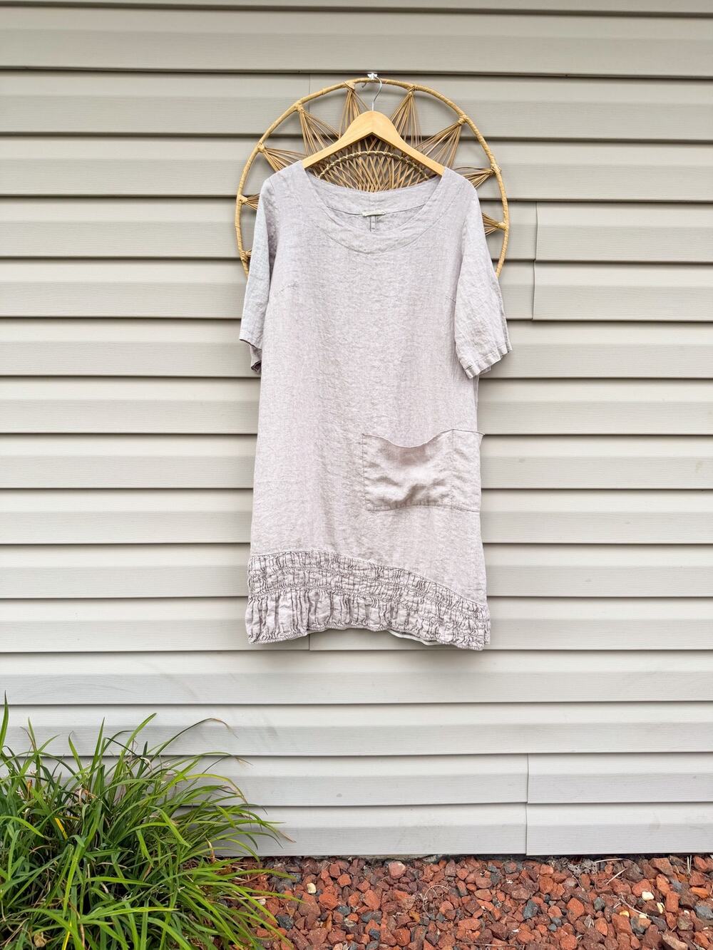 Luukaa 100% LINEN Lagenlook Boho Art to Wear Shift Dress Tunic Lilac Gray Sz S/4